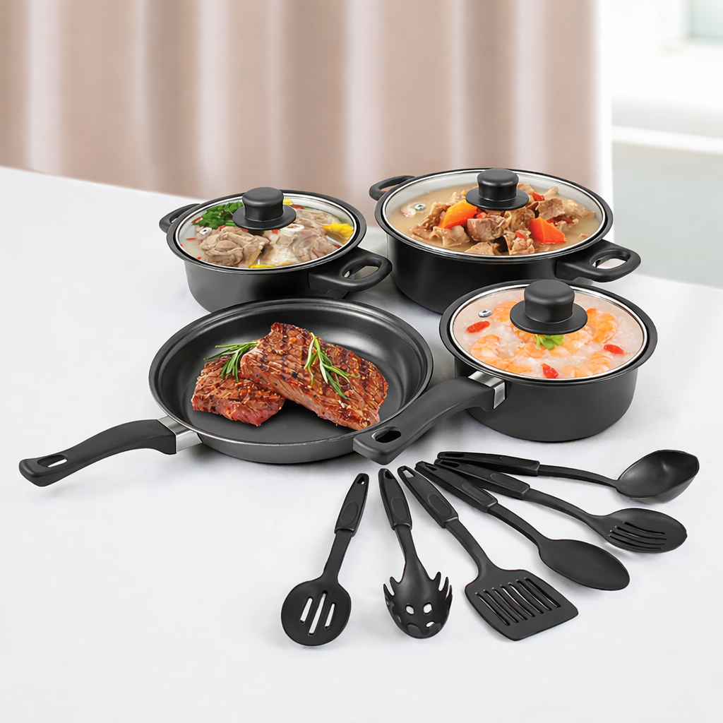 Set Complet Vase de Gătit 13 Piese – Antiaderent Premium, Capace Sticlă și Ustensile Incluse