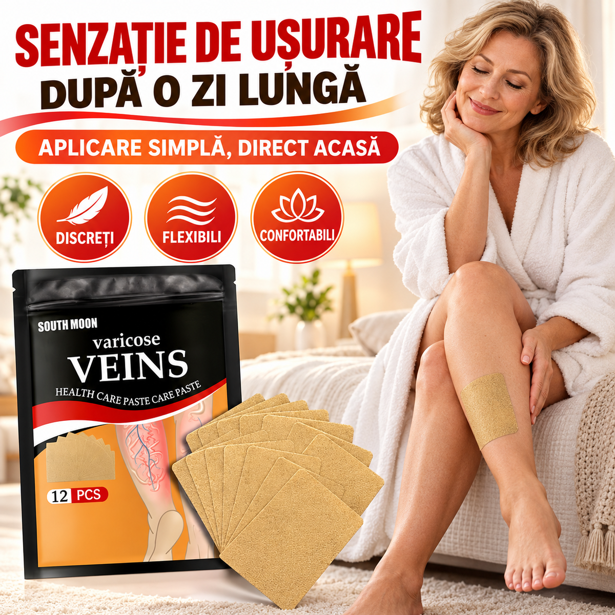Set 120 Plasturi Naturali pentru Varice, Vene tip Pânză de Păianjen și Picioare Obosite (Extracte din Plante Medicinale, Efect Termic)
