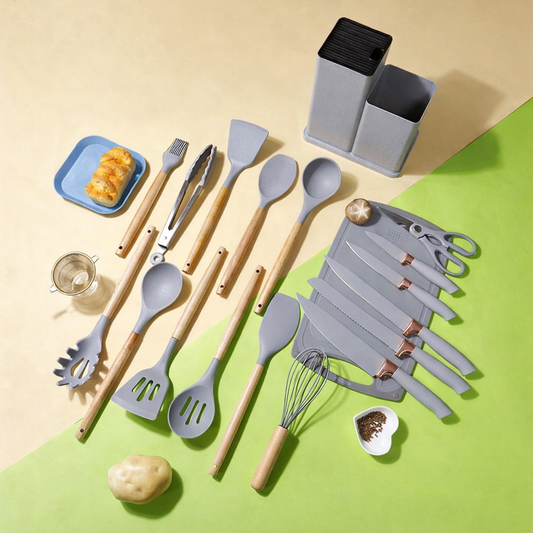 Set 19 Piese Ustensile Bucătărie, din Silicon Alimentar si Lemn, Termorezistente, Include 11 Ustensile, 5 Cuțite, 1 Tocător, 1 Foarfecă și Suport