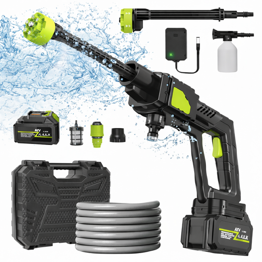 Aparat de Spălat cu Presiune, Acumulator 48 V, 30 BAR, Duză 6-în-1, Furtun 5 m, Bidon Soluție de Spălat, Filtru de murdărie, Cutie Depozitare, Presiune Reglabilă