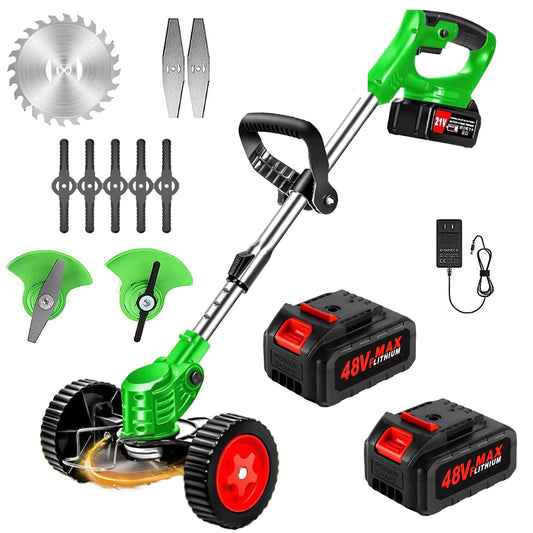 Motocoasă Electrică, foarte Puternică (18000 RPM), cu 2 Acumulatori (48V), Roți Ajutătoare Detașabile, Multiple Accesorii + CADOU: Mănuși de Protecție din Țesătură și Cauciuc