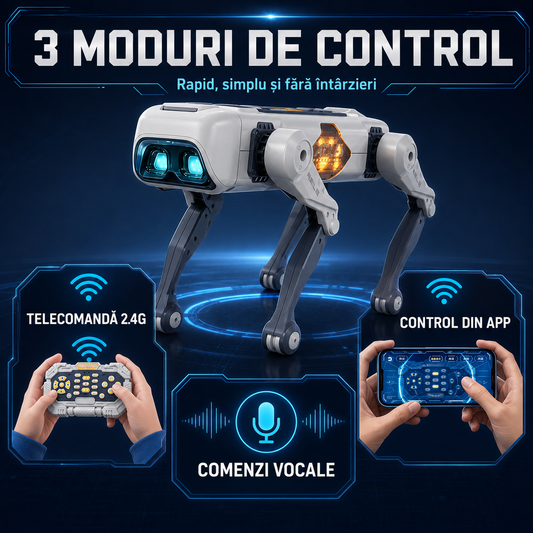 Robot Câine Inteligent, Programabil, Control prin Telecomandă, Aplicație sau Comenzi Vocale, 20+ Funcții Interactive (Muzică, Dans, Lumini LED, Imită Înotul, Stă în 2 Labe, etc.)
