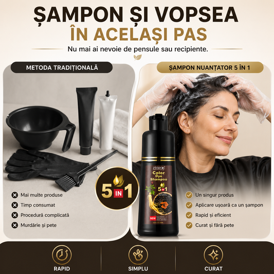 1+1 GRATIS | Șampon Nuanțator 5-în-1, cu Plante Naturale, Colorează, Îngrijește și Hrănește Părul, Acoperă Efiecient Firele Albe, ideal pentru Femei și Bărbați, 250ml