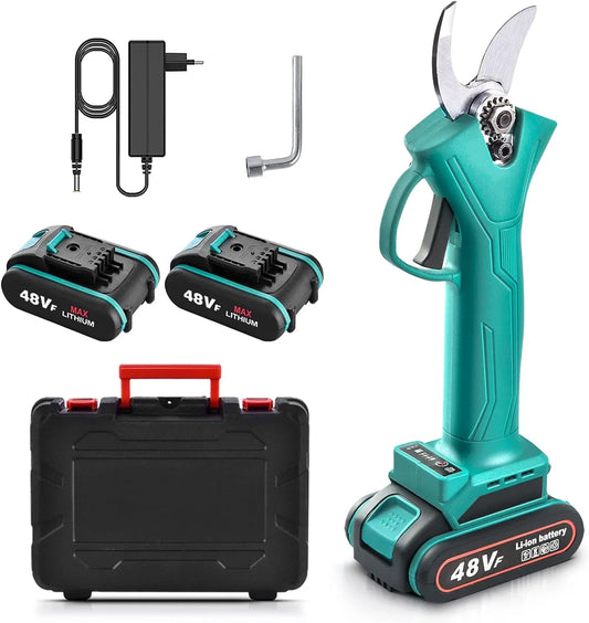 Foarfecă Electrică pentru Tuns Pomi, Crengi sau Vie, cu 2 Acumulatori (48V), Lame Puternice din Oțel + CADOU: Mănuși de Protecție din Țesătură și Cauciuc