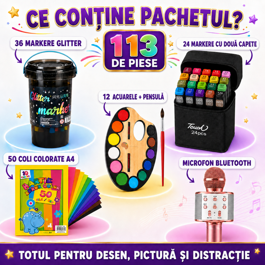 Pachetul Micului Artist cu 113 Piese: Microfon Wireless cu Boxă pentru Karaoke (Bluetooth si Radio) + Set 36 Markere Glitter cu Sclipici + Set 24 Markere cu 2 Capete și Gentuță + Set 12 Acuarele cu Pensulă + Set 50 Coli A4 pentru Desenat sau Decupat