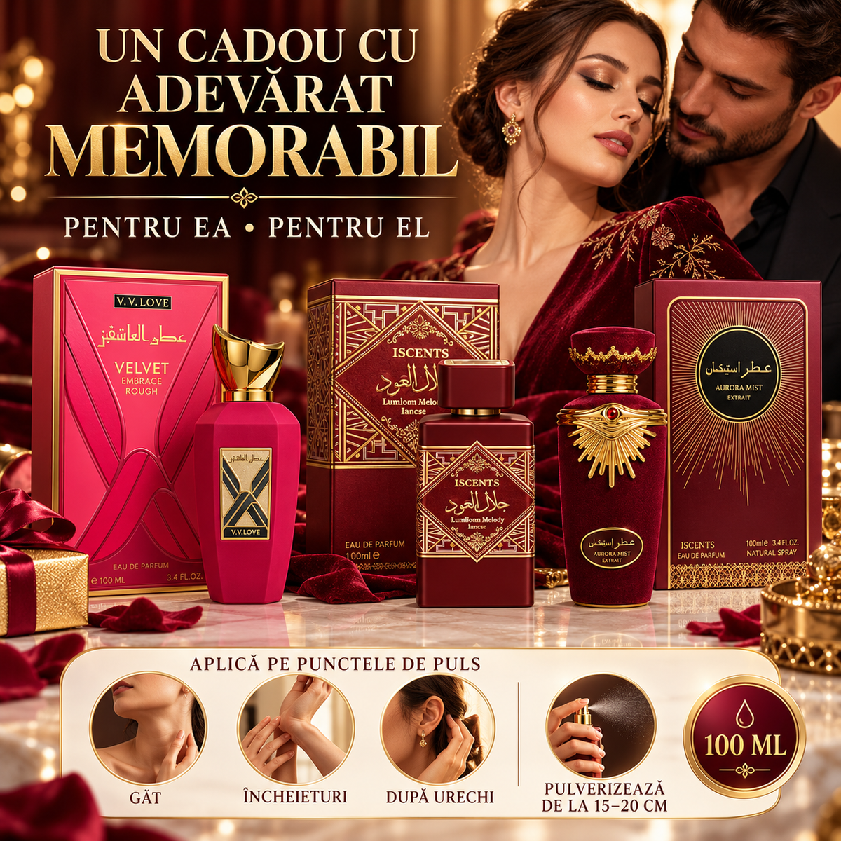 Apă de Parfum Oriental Premium, 100ml, Persistență Îndelungată, Unisex (3 Arome la Alegere: Velvet Embrace, Arabic, Aurora Mist)