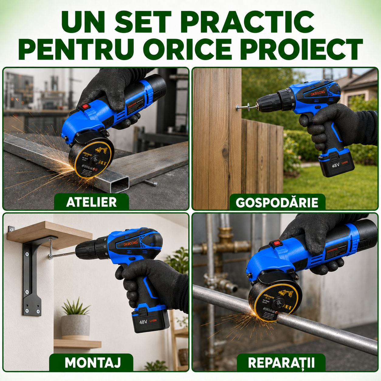 Set Complet: Flex Unghiular 10.000 RPM + Bormașină 1.400 RPM, cu 2 Acumulatori Li-ion Incluși, 5 Discuri Ø76mm, Încărcător