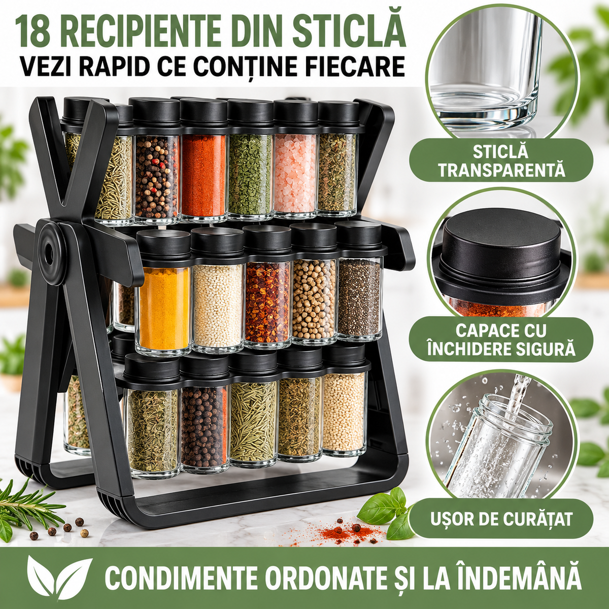 Organizator Condimente cu 18 Borcane și Suport Rotativ la 360°