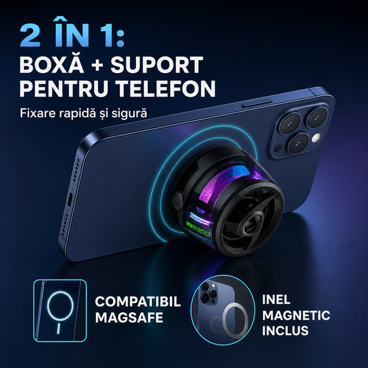 1+1 Gratis | Boxă Portabilă Bluetooth, Prindere Magnetică, Funcție Suport Telefon, Joc de Lumini, Sunet Clar și Puternic (5W), Bass Bun, Rezistentă la Apă, Autonomie Mare (6-8 ore)