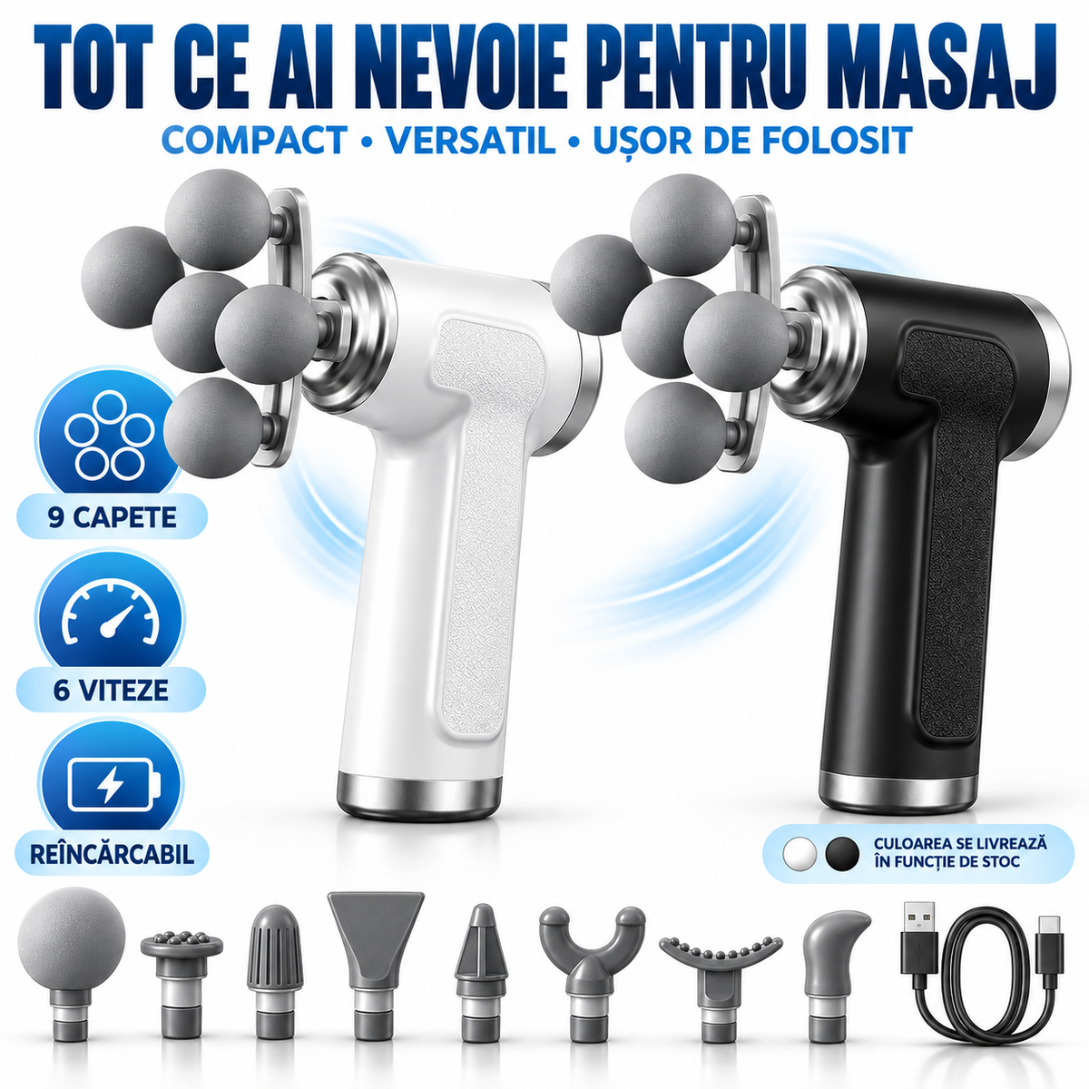 Pistol de Masaj Profesional cu 9 Capete Interschimbabile, Cap Special cu 5 Bile, 6 Trepte de Viteză și Acumulator Reîncărcabil