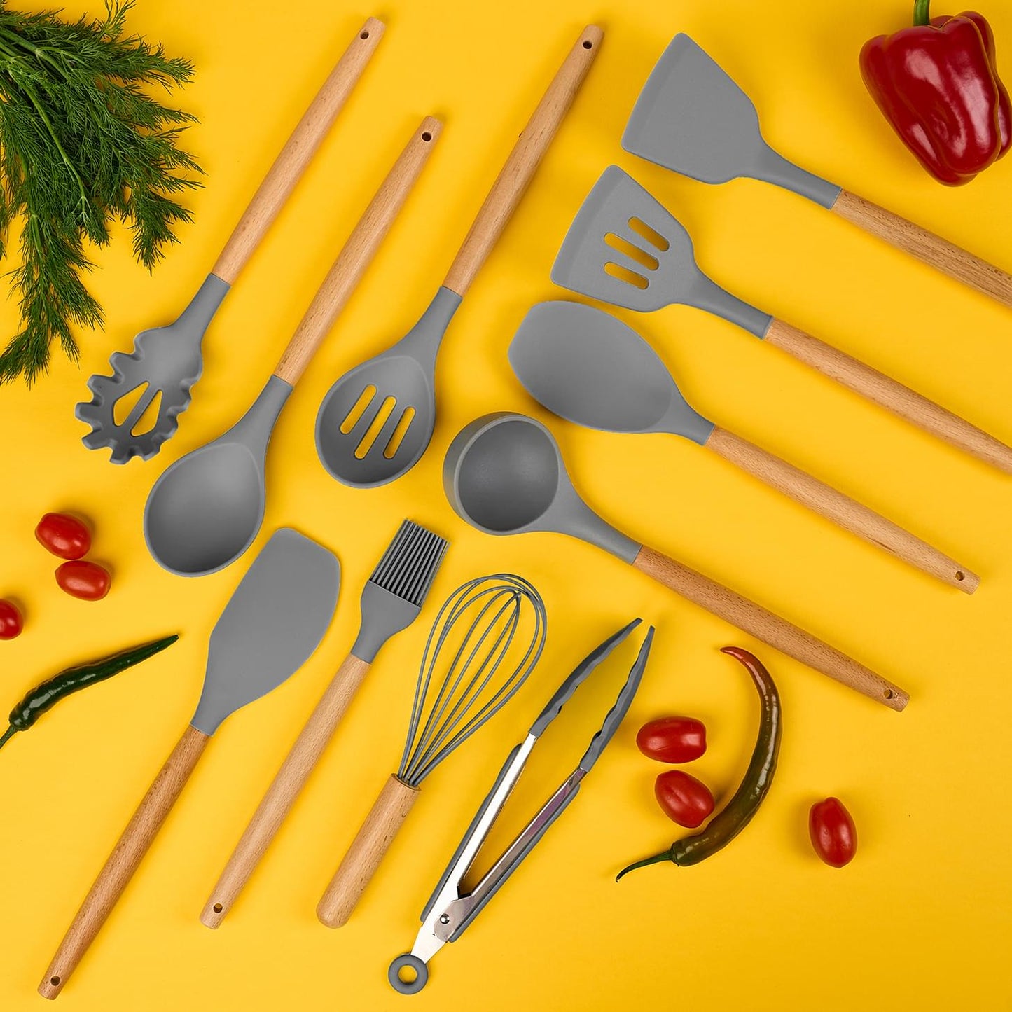 Set 19 Piese Ustensile Bucătărie, din Silicon Alimentar si Lemn, Termorezistente, Include 11 Ustensile, 5 Cuțite, 1 Tocător, 1 Foarfecă și Suport