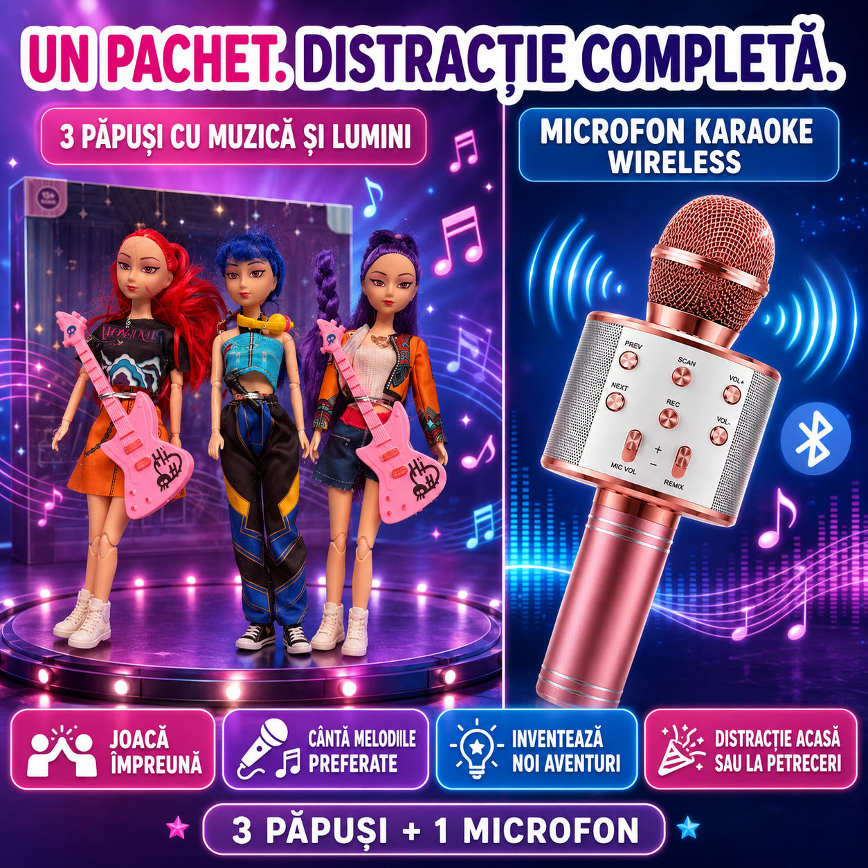 Set K-POP: Set 3 Păpuși K-Pop Demon Hunters 28cm, cu Muzică și Lumini, Accesorii și Cutie Cadou + Microfon Wireless cu Boxă pentru Karaoke (Bluetooth si Radio)