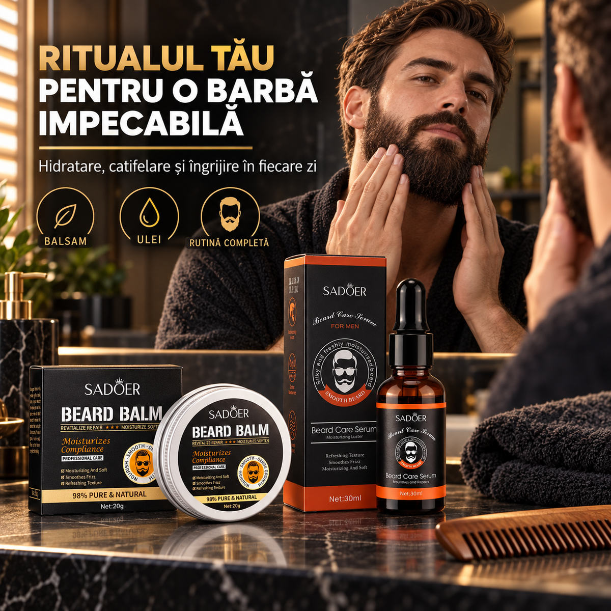Pachet Îngrijire Barbă (Ulei 30ml + Balsam 20g) cu Extracte Naturale de Plante, pentru Hidratare și Fortifiere
