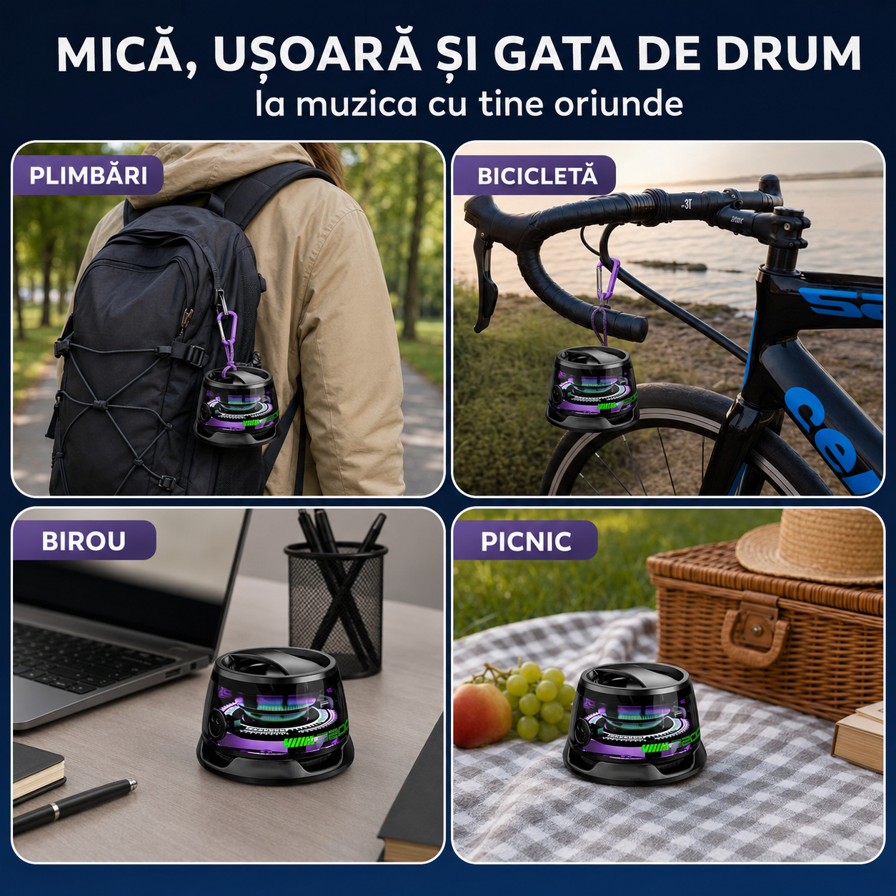1+1 Gratis | Boxă Portabilă Bluetooth, Prindere Magnetică, Funcție Suport Telefon, Joc de Lumini, Sunet Clar și Puternic (5W), Bass Bun, Rezistentă la Apă, Autonomie Mare (6-8 ore)