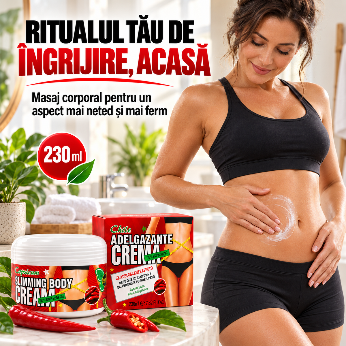 Cremă Remodelare Corporală, Ajută la SLĂBIRE, ANTI-CELULITĂ și TONIFIERE, cu Ardei Iute, L-Carnitina și Extracte de Alge Marine și Cacao, 230ml