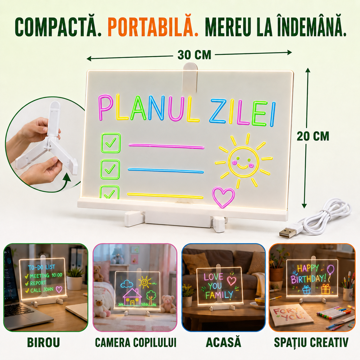 1+1 GRATIS | Set Tăbliță LED cu Suport pentru Desenat sau Scris Mesaje, Reutilizabilă, cu 7 Carioci și Lavete pentru Șters, ideală pentru Copii (Desenat, Scris, Pictat) sau pentru Adulți (Notițe, Memo, Mesaje), Dimensiune 30x20cm, Alimentare USB