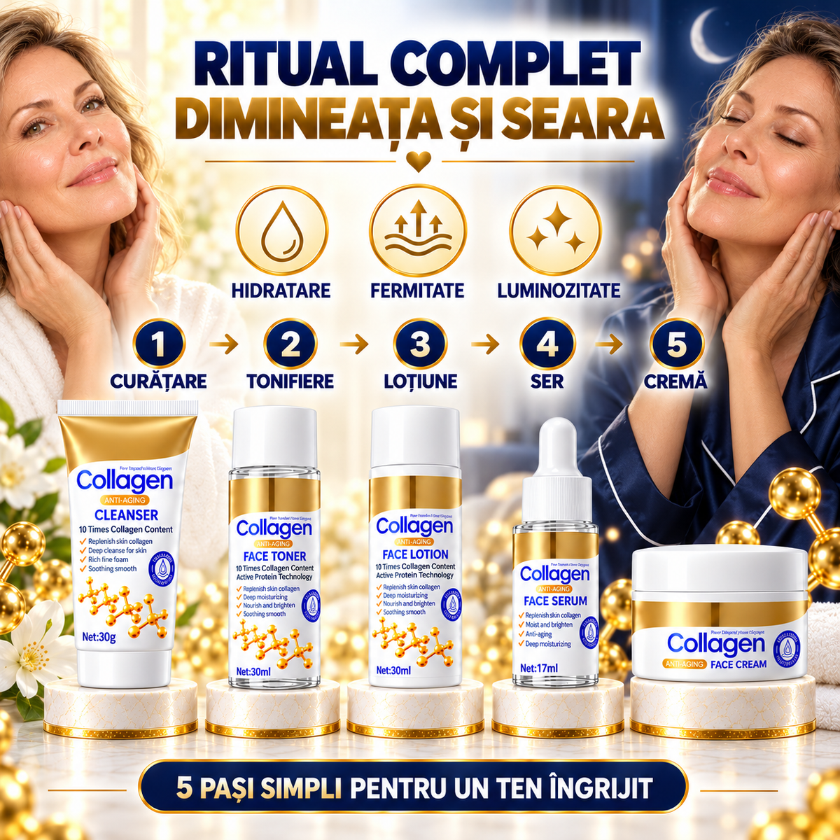 Set Îngrijire Ten cu Colagen Hidrolizat 5-în-1 (Gel de Curățare, Tonic, Loțiune, Ser și Cremă de Față) - Hidratare Intensă și Efect Anti-Îmbătrânire