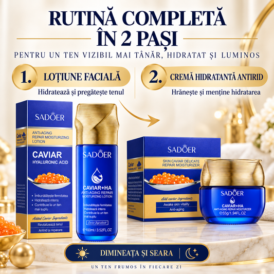 Pachet Îngrijire Ten: Cremă Antirid 55g cu Caviar și Acid Hialuronic + Loțiune Hidratantă 100ml cu Caviar și Acid Hialuronic, DUO Anti-Îmbătrânire, Anti-Riduri, Redă Fermitate și Aspectul Tânăr al Tenului