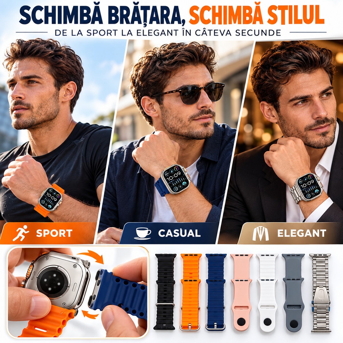 Super-Set SmartWatch ULTRA cu 7 Brățări Interschimbabile, Căști Bluetooth și Încărcător Wireless MagSafe