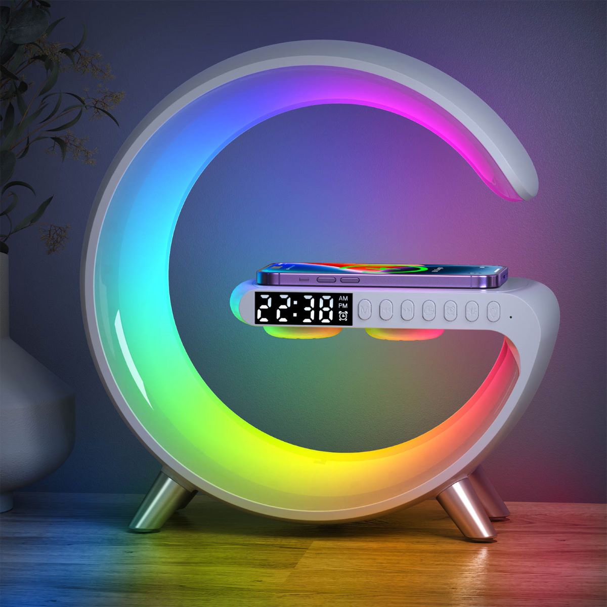 Lampă LED Smart cu Încărcător Wireless, Ceas cu Alarmă, Difuzoare, Radio FM, Bluetooth, Control în Aplicație, Lumini Reglabile,