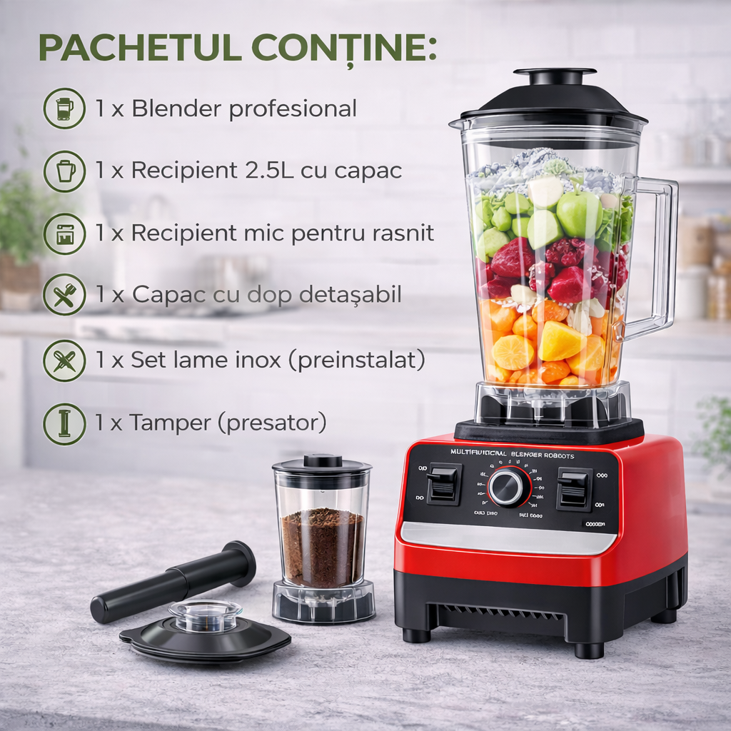 Blender Multifuncțional Profesional cu 2 Cupe, Motor foarte Puternic (4500W), 15 Trepte de Viteză, 4 Lame din Inox 3D