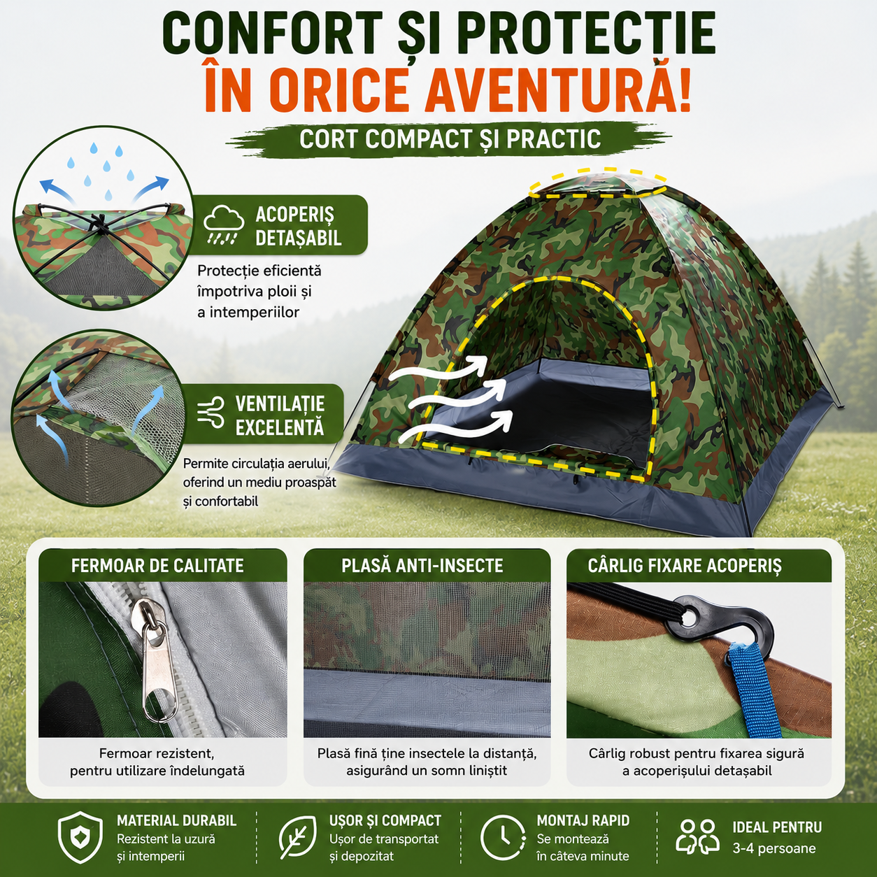 Cort Camping pentru 3-4 Persoane (Dimensiuni 200x200x135cm), Foarte Solid și Rezistent la Intemperii, Impermeabil, Protecție UV, Plasă Anti-Insecte, Geantă Transport
