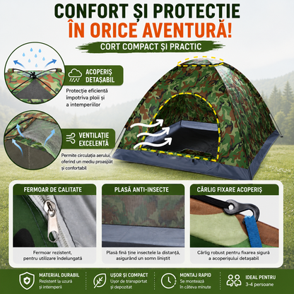 Cort Camping pentru 3-4 Persoane (Dimensiuni 200x200x135cm), Foarte Solid și Rezistent la Intemperii, Impermeabil, Protecție UV, Plasă Anti-Insecte, Geantă Transport