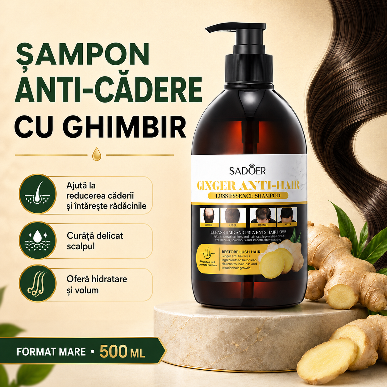 Pachet Îngrijire Păr: Șampon Nuanțator 3-în-1, cu Ulei de Cocos, 500ml + Șampon Esență Anti-Cădere și Refacere Păr, cu Ghimbir, 500ml