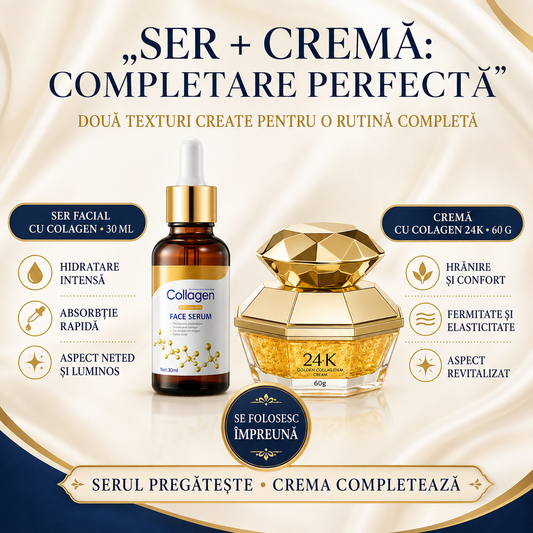 Pachet Îngrijire Ten: Cremă 24K Golden Collagen + Ser Facial Collagen, DUO Anti-Îmbătrânire, Anti-Riduri, Redare Aspect Tânăr și Fermitatea Tenului