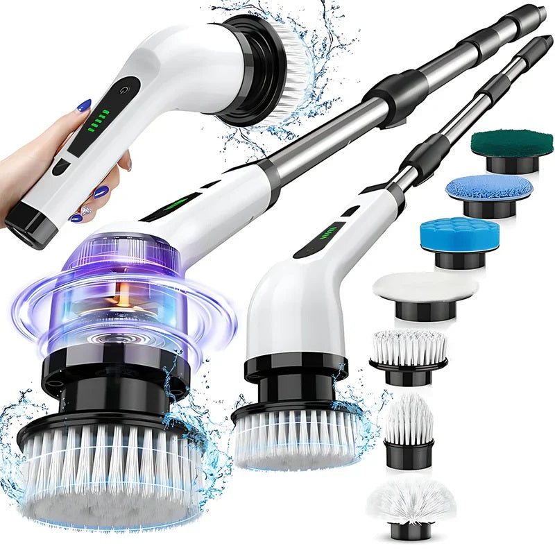 Perie Electrică Rotativă pentru Curățare 7-în-1, fără Fir, Mâner Reglabil și Detașabil, 2 Viteze, 9 Capete