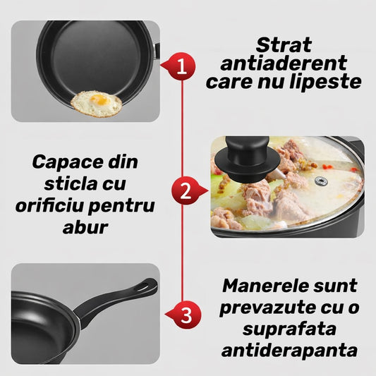 Set Complet Vase de Gătit 13 Piese – Antiaderent Premium, Capace Sticlă și Ustensile Incluse