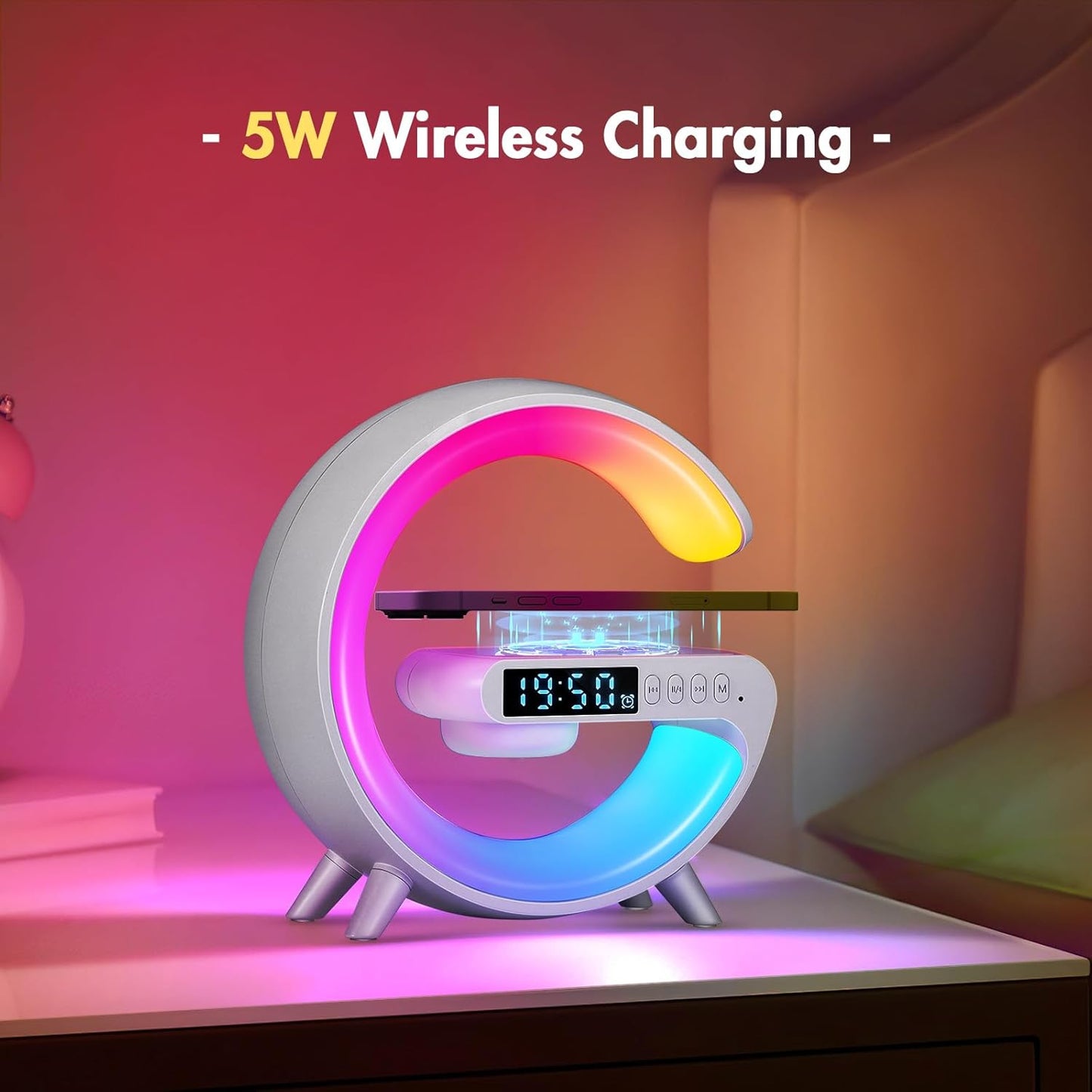 Lampă LED Smart cu Încărcător Wireless, Ceas cu Alarmă, Difuzoare, Radio FM, Bluetooth, Control în Aplicație, Lumini Reglabile,