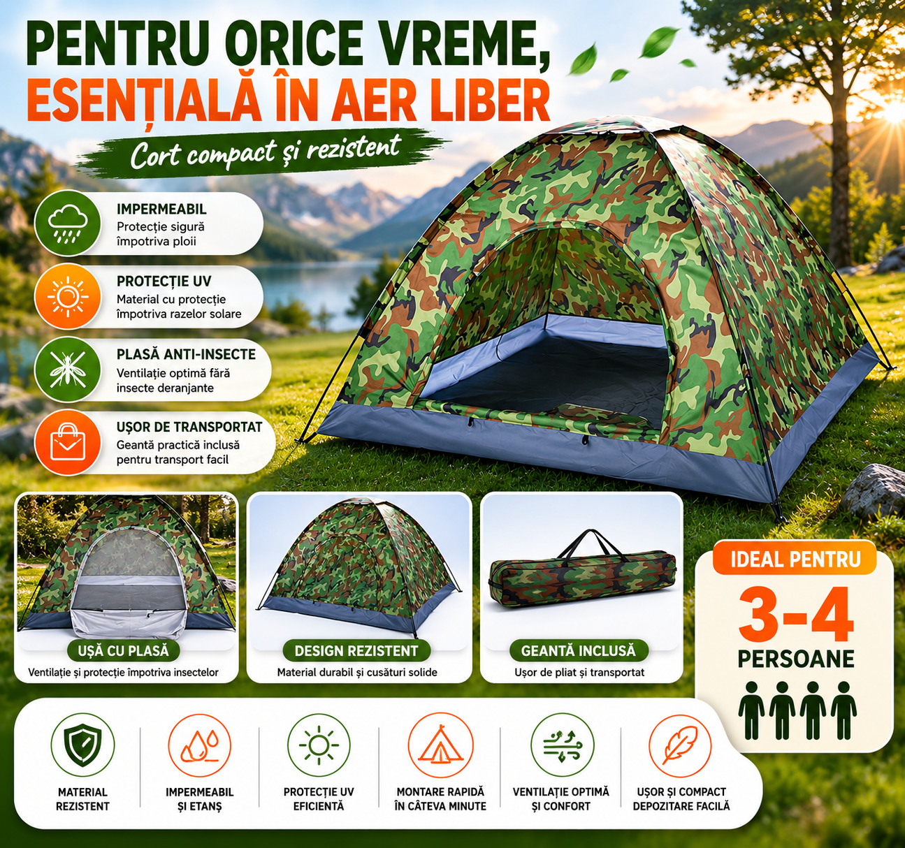 Cort Camping pentru 3-4 Persoane (Dimensiuni 200x200x135cm), Foarte Solid și Rezistent la Intemperii, Impermeabil, Protecție UV, Plasă Anti-Insecte, Geantă Transport