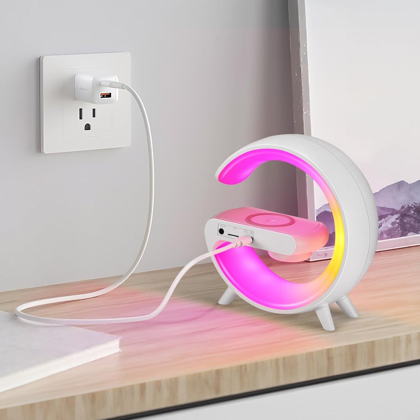 Lampă LED Smart cu Încărcător Wireless, Ceas cu Alarmă, Difuzoare, Radio FM, Bluetooth, Control în Aplicație, Lumini Reglabile,