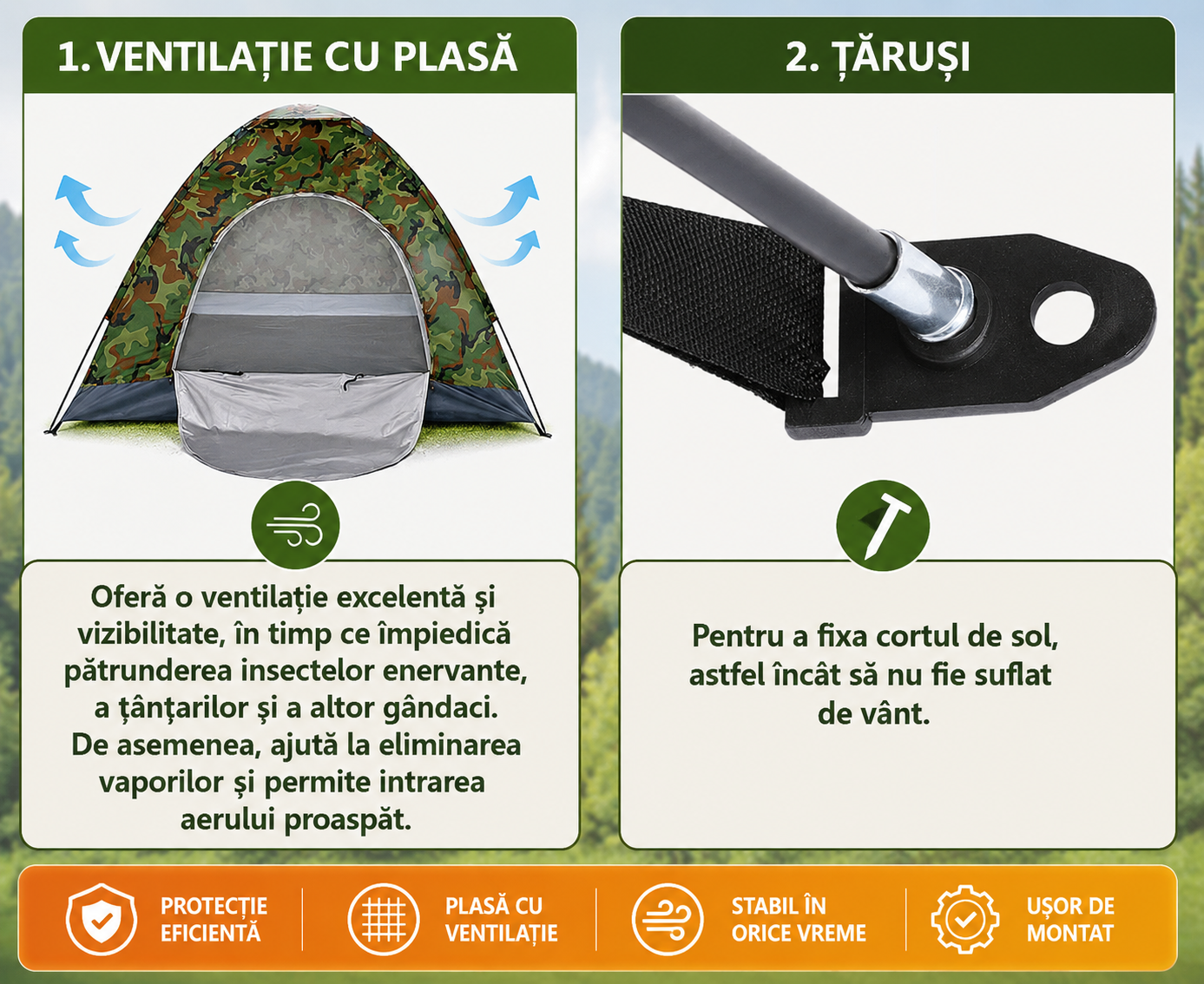 Cort Camping pentru 3-4 Persoane (Dimensiuni 200x200x135cm), Foarte Solid și Rezistent la Intemperii, Impermeabil, Protecție UV, Plasă Anti-Insecte, Geantă Transport