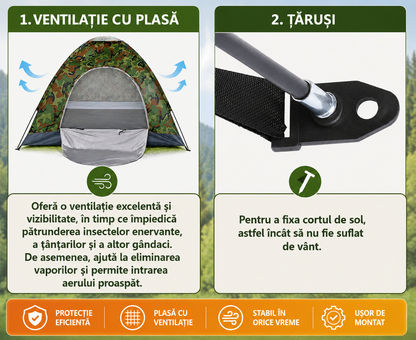 Cort Camping pentru 3-4 Persoane (Dimensiuni 200x200x135cm), Foarte Solid și Rezistent la Intemperii, Impermeabil, Protecție UV, Plasă Anti-Insecte, Geantă Transport