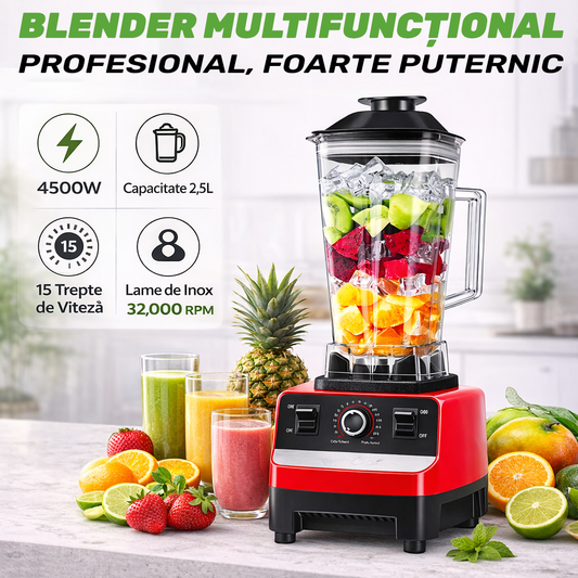 Blender Multifuncțional Profesional cu 2 Cupe, Motor foarte Puternic (4500W), 15 Trepte de Viteză, 4 Lame din Inox 3D