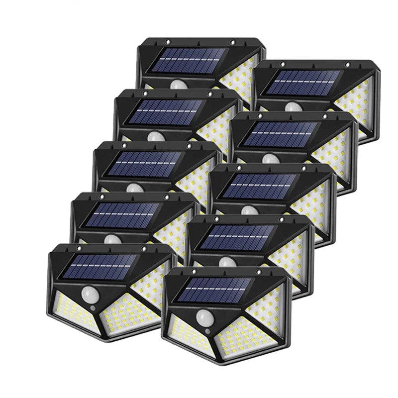 Lămpi Solare cu 100 LED-uri, 3 Moduri Iluminare, Senzor de Mișcare, Rezistență la Ploaie (IP65), Mod Automat Noapte, Unghi Mare de Iluminare 270 Grade