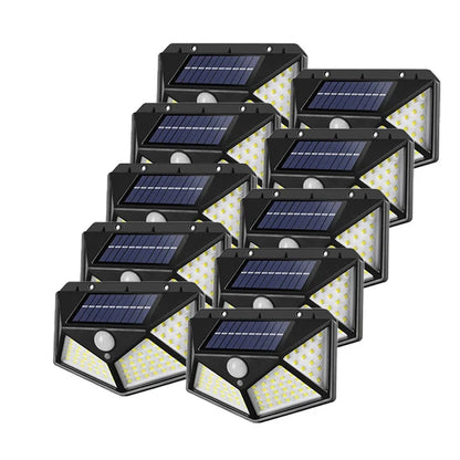 Lămpi Solare cu 100 LED-uri, 3 Moduri Iluminare, Senzor de Mișcare, Rezistență la Ploaie (IP65), Mod Automat Noapte, Unghi Mare de Iluminare 270 Grade