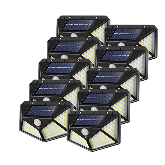 Set 10 Lămpi Solare cu 100 LED-uri, 3 Moduri Iluminare, Senzor de Mișcare, Rezistență la Ploaie (IP65), Mod Automat Noapte, Unghi Mare de Iluminare 270 Grade