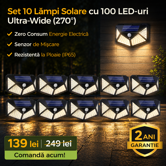 Set 10 Lămpi Solare cu 100 LED-uri, 3 Moduri Iluminare, Senzor de Mișcare, Rezistență la Ploaie (IP65), Mod Automat Noapte, Unghi Mare de Iluminare 270 Grade