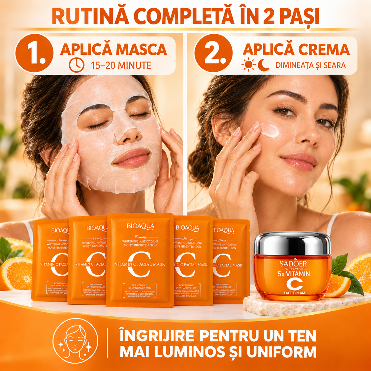 Pachet Anti-Pete Pigmentare: Cremă 5X Vitamina C, Albire și Revitalizare, 50g + Set 5 Măști cu Vitamina C