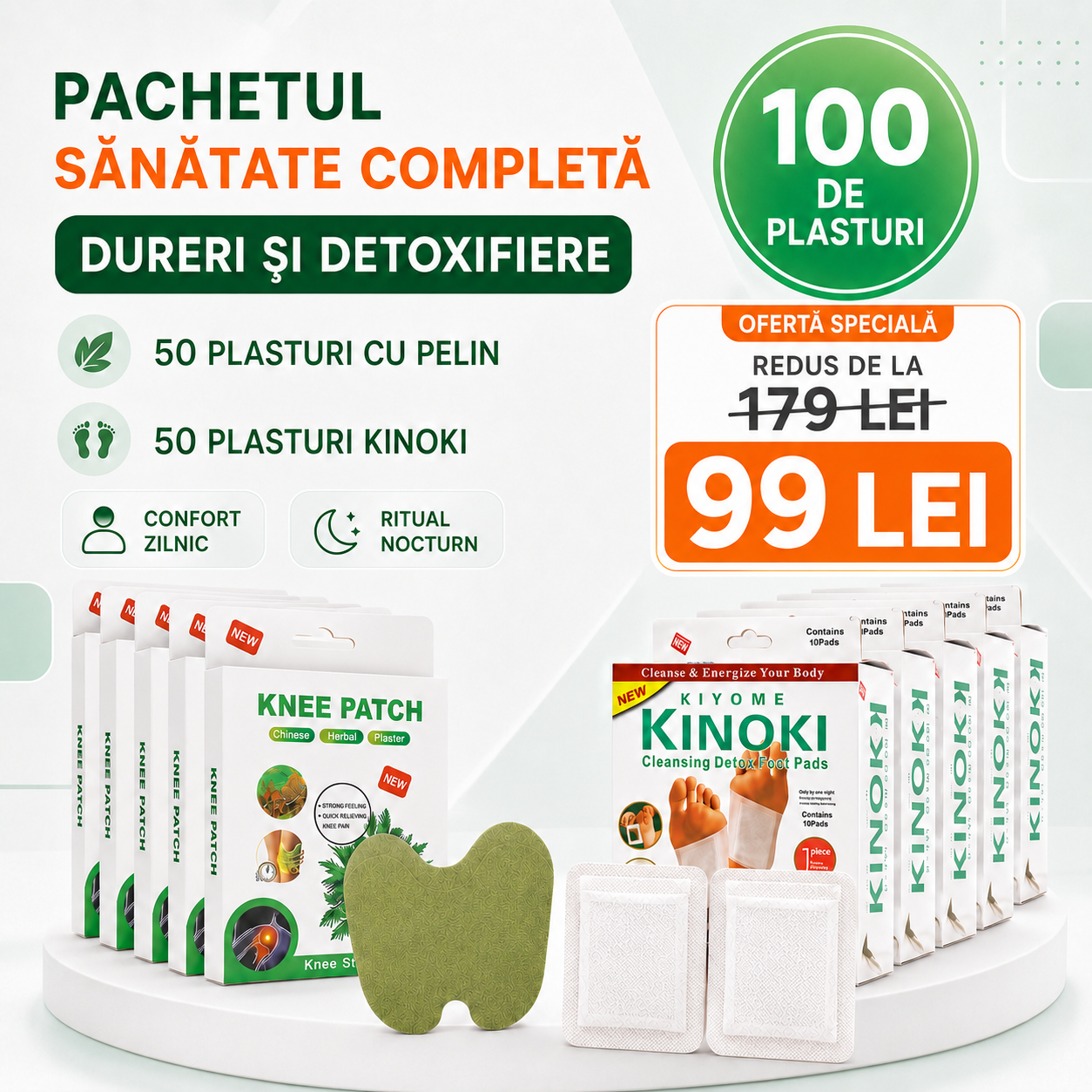 Pachet Sănătate Completă: Set 50 Plasturi cu PELIN pentru Dureri de Genunchi, Spate, Umeri, Ceafă, Articulații + Set 50 Plasturi KINOKI pentru Detoxifiere și Îmbunătățirea Circulației
