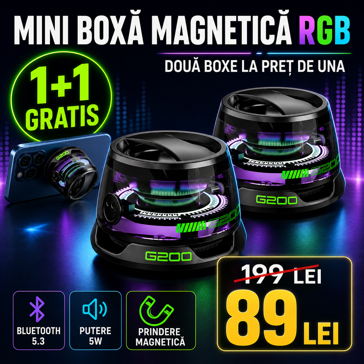 1+1 Gratis | Boxă Portabilă Bluetooth, Prindere Magnetică, Funcție Suport Telefon, Joc de Lumini, Sunet Clar și Puternic (5W), Bass Bun, Rezistentă la Apă, Autonomie Mare (6-8 ore)