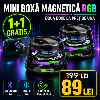 1+1 Gratis | Boxă Portabilă Bluetooth, Prindere Magnetică, Funcție Suport Telefon, Joc de Lumini, Sunet Clar și Puternic (5W), Bass Bun, Rezistentă la Apă, Autonomie Mare (6-8 ore)