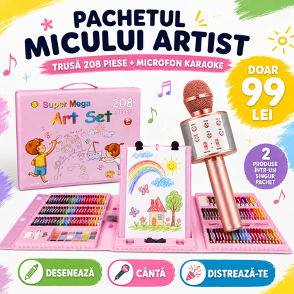 Pachetul Micului Artist: Set cu 208 Piese pentru Pictura, Desen, Arte Plastice + Microfon Wireless cu Boxă pentru Karaoke ( Bluetooth si Radio)