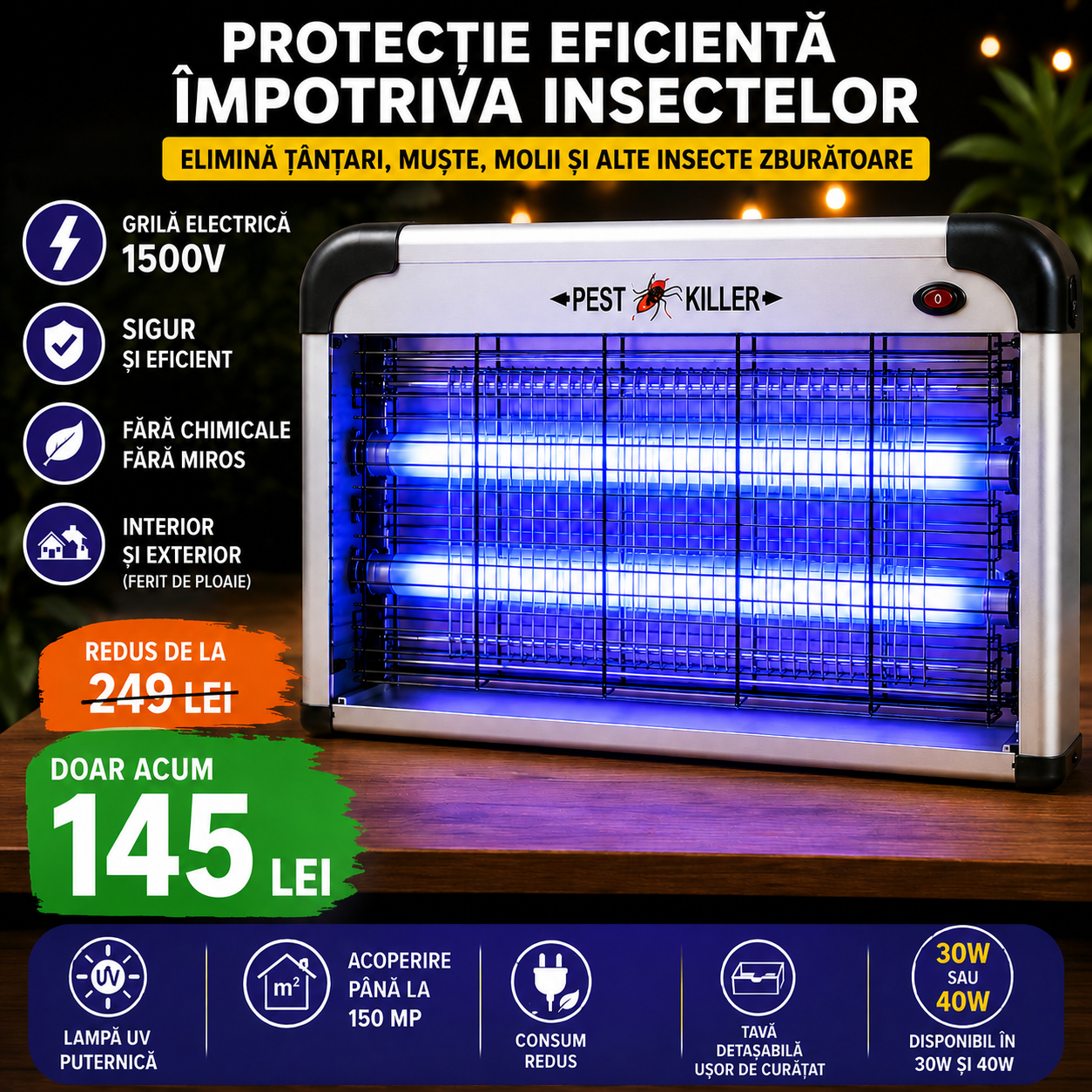Aparat Profesional Anti-Tânțari (Muște, Insecte, Molii, etc), Lămpi UV si Plasă Electrică de Înaltă Tensiune, Foarte Silențios, cu Agățătoare, Putere 30W sau 40W