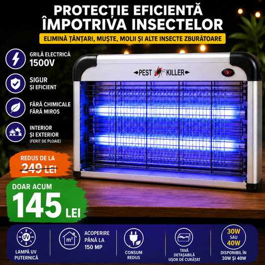 Aparat Profesional Anti-Tânțari (Muște, Insecte, Molii, etc), Lămpi UV si Plasă Electrică de Înaltă Tensiune, Foarte Silențios, cu Agățătoare, Putere 30W sau 40W