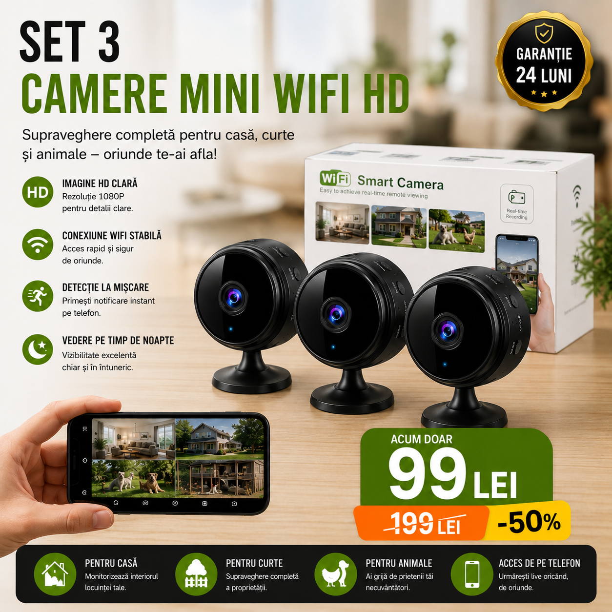 Set 3 Camere Mini, Rezoluție HD 1080P, Conectare WIFI, Vedere Nocturnă, Senzor de Mișcare, Aplicație Android/iOS