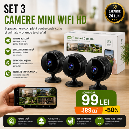 Set 3 Camere Mini, Rezoluție HD 1080P, Conectare WIFI, Vedere Nocturnă, Senzor de Mișcare, Aplicație Android/iOS